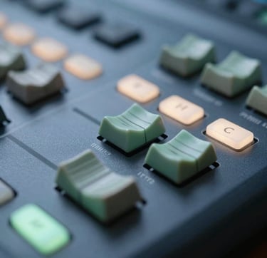 A macro photograph focusing on a professional color-grading console. The buttons are softly backlit with sage green and soft mint white lights. The shallow depth of field blurs a slate blue background, emphasizing the technical precision and reliability of the editor's tools.
