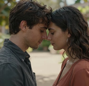 A medium close-up of a couple leaning their foreheads together in a sun-drenched garden. The atmosphere is warm and intimate. The colors focus on charcoal and terracotta tones in their clothing, with a soft sand blurred background. The style is candid and cinematic, highlighting a genuine human connection.