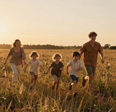 A cinematic wide shot of a young family running through a tall grass field at golden hour. The lighting is warm and sun-drenched, with soft orange glows. They are wearing outfits in soft sand and warm brown tones. The composition is candid, capturing genuine laughter and movement in a natural, authentic environment.
