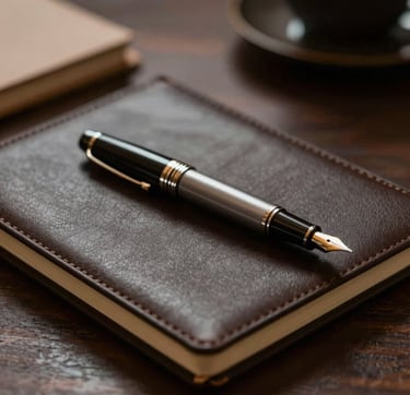 A cinematic, close-up shot of a desk featuring a luxury fountain pen and a leather-bound notebook. The lighting is moody and dramatic, with deep shadows and warm highlights, suggesting a late-night creative session. The color palette emphasizes #3A3F3B and #C1C4BF tones, maintaining a professional and contemporary elegance.