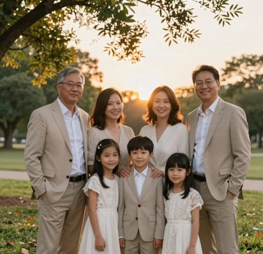 A heartfelt, candid photograph of a happy family during a sunset session in a North American / US park. The composition is artistic and warm, with soft golden light reflecting off Sage Green leaves. The family wears elegant, neutral-toned clothing in Stone Khaki and Mist White, looking professional yet heartfelt.