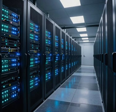 A wide-angle, cinematic photograph of a modern data center aisle. Rows of server racks featuring blinking ice blue and muted teal LEDs stretch into the distance. The flooring is a polished dark charcoal, reflecting the technical precision and security of the environment.