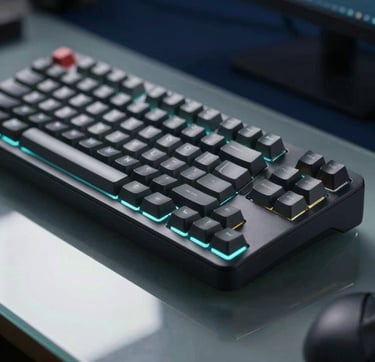 A high-contrast, professional photograph of a dark charcoal mechanical keyboard. A single soft teal light glows from beneath the keys, reflecting off a polished glass desk. The atmosphere is serious and focused, with a shallow depth of field blurring a deep navy background.