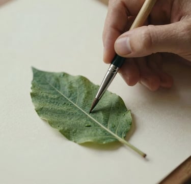 A close-up photograph focusing on an artist's hand holding a fine brush, carefully detailing a leaf on textured paper. The composition is intimate and shows meticulous attention to detail. The colors are dominated by soft sage green and deep forest green against a warm cream white background, bathed in natural, diffused lighting.