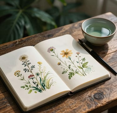 A high-angle photograph of a serene workspace. On a rustic wooden table, there is an open sketchbook showing delicate botanical watercolor illustrations of wildflowers. Beside the sketchbook lies a professional paintbrush and a small ceramic bowl of water. Soft morning light creates gentle shadows. The palette features deep forest green, muted moss green, and warm cream white tones.