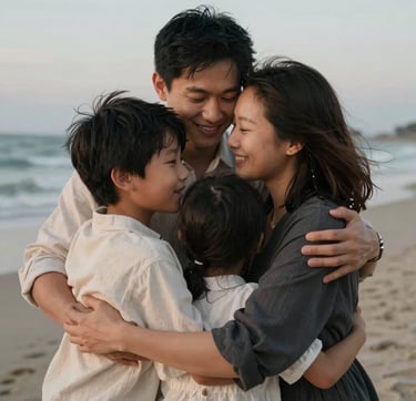 A candid, close-up shot of a family of four sharing a hug on a beach at dusk. The lighting is soft and natural. Their clothing features muted cream and charcoal tones. The atmosphere is warm and authentically joyful, reflecting a storytelling lifestyle photography style.