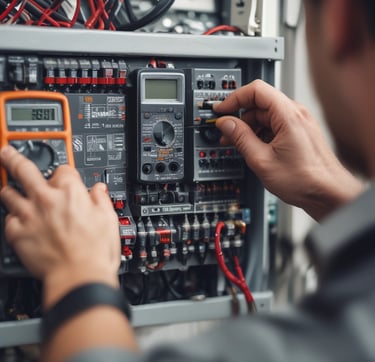 Close-up of hands assembling an electric motor with tools.