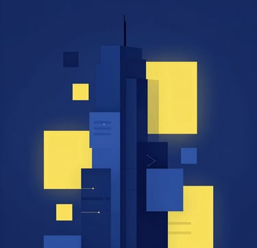 Abstract data visualization or sleek modern architecture representing venture capital, innovation, and strategic investments. Clean, modern aesthetic with a keen eye for design. Incorporates deep dark blues (#0A1128, #1E3F66) and bright yellow highlights (#E2B941), establishing a credible yet engaging vibe.