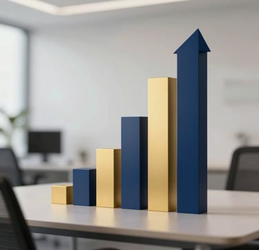 A sleek, modern abstract representation of business growth and innovation, such as a futuristic geometric chart or high-tech workspace. The composition exudes a sophisticated and forward-thinking professionalism. Lighting is clean and dramatic, incorporating brand colors of deep navy blue (#0A1128, #1E3F66) with striking gold/yellow accents (#E2B941) against light neutral tones (#F5F8FA).