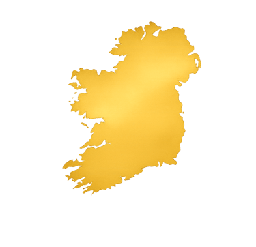 A golden silhouette map of the island of Ireland isolated on a solid black background.