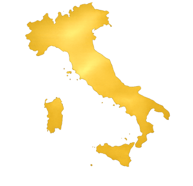 A golden metallic map of Italy including Sicily and Sardinia isolated on a solid black background.
