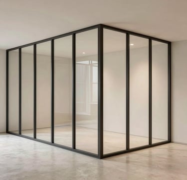 An architectural interior photograph of a minimalist steel and glass partition wall in a high-end office loft. The metal frames are a deep charcoal black. The floor is a polished soft off-white concrete. The composition is clean and symmetrical, showcasing technical precision and industrial sophistication in a warm minimalist setting.
