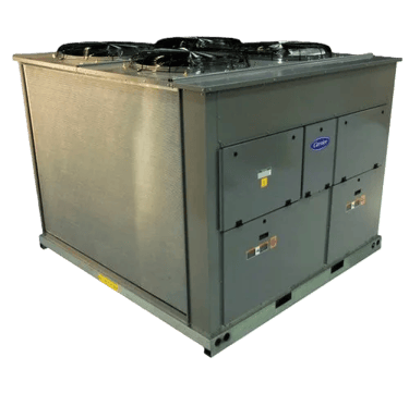 Grey Carrier commercial HVAC air-cooled DX unit with fans