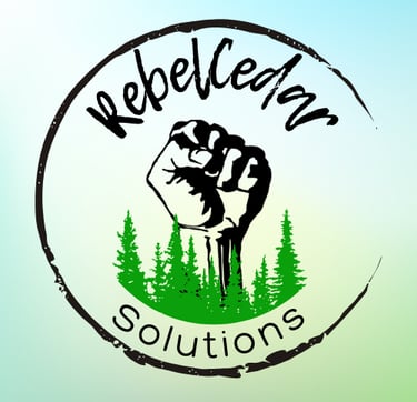 RebelCedar Solutions Logo; italicized lettering with a rebellious fist and some trees