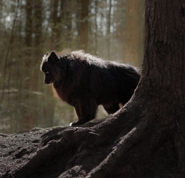 A black dog standing on large tree roots in a sunlit forest moody pet photography in wakefield