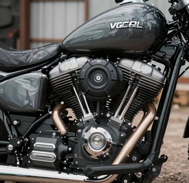 A close-up, artistic shot of a motorcycle engine's metallic details and leather saddlebags, reflecting a professional and edgy storytelling vibe. The color palette is dominated by graphite and silver grey, set in a rugged outdoor Global / Western garage environment.