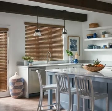 kitchen with wood blinds and white cabinets – Rise Up Window Coverings Milwaukee