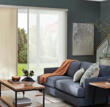 Custom sliding glass door shades in modern living room – Rise Up Window Coverings Milwaukee