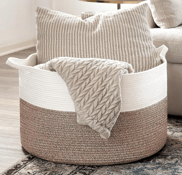 woven white and brown cotton rope basket for storage