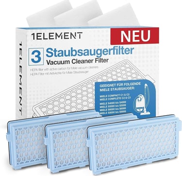 Three HEPA vacuum cleaner filters with active carbon for Miele Complete C2 and C3 series vacuum models.