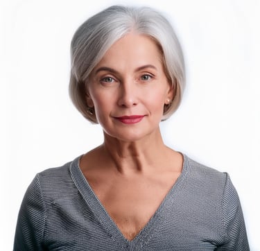 a woman with a gray hair and a gray top
