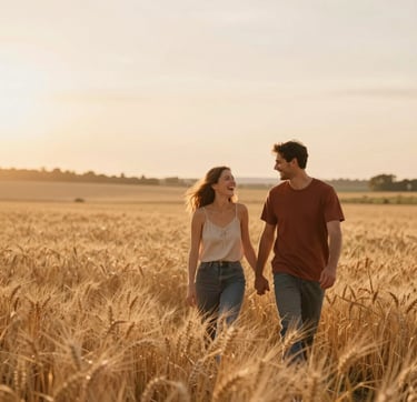A cinematic, wide-angle shot of a couple walking hand-in-hand through a sun-drenched wheat field during golden hour. The lighting is warm and hazy, highlighting spontaneous laughter and genuine connection. The palette includes warm ochre, soft sand (#FDF8F0), and burnt terracotta (#AD7B5B) tones in the landscape, creating a heartfelt and inviting atmosphere.