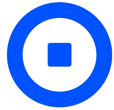 a blue and white circle with a square shaped object