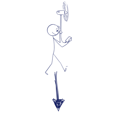 stickman représentant un adolescent devant son portable alimenté par l'énergie éolienne