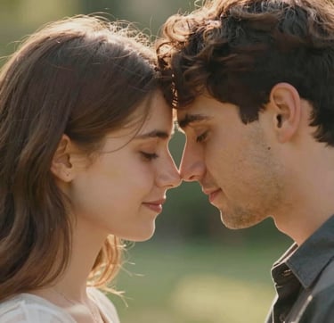 A heartfelt, cinematic close-up portrait of a couple leaning their foreheads together in a sun-lit garden. The composition is intimate with a shallow depth of field. Soft golden light catches their hair, with a color palette featuring Terracotta highlights and Soft Sand backgrounds. Natural beauty and deep human connection are the focus.