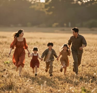 A cinematic, wide-angle shot of a young family running through a sun-drenched meadow at golden hour. The lighting is warm and hazy, incorporating Soft Sand tones. The family is dressed in earthy colors like Terracotta and Brown. Authentic laughter and movement are captured, exuding warmth and genuine emotion.