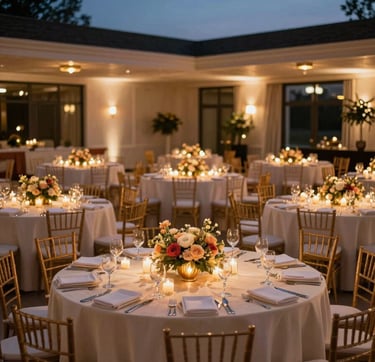 Panoramic reception ballroom setup at twilight, round tables dressed in ivory linens with jewel-toned floral centerpieces, ambient candlelight and warm pendant lighting casting a golden glow across the full room
