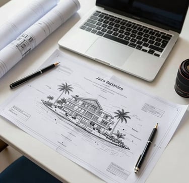 A flat lay photography of a professional architect's workspace. Detailed blueprints and architectural drawings for a Jamaican beach property are spread on a white desk next to a sleek laptop and drafting tools. Soft morning light creates a professional and sophisticated atmosphere.