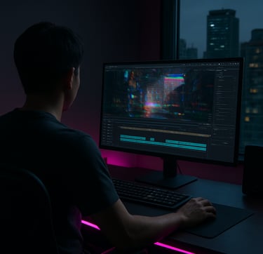 An over-the-shoulder perspective of a digital artist working on a high-end workstation in a dark Seoul studio. The screen shows a complex video editing interface with a glitchy urban landscape. A magenta light strip glows along the desk, contrasting with the matte black equipment. East Asian / Korean urban skyline visible through a window in the background.