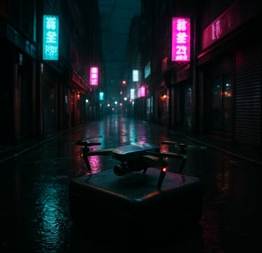 A cinematic wide-angle shot of a rainy East Asian / Korean urban alleyway at night. Reflections of cyan and magenta neon signs shimmer on the wet pavement. In the center, a sleek professional drone with glowing status lights is positioned on a carbon fiber case. The atmosphere is moody, with deep charcoal shadows and a futuristic, digital edge.