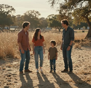 A cinematic wide-angle shot of a family of four laughing together in a sun-drenched North American / US park during the golden hour. The soft sand palette is reflected in the surrounding dry grass, with terracotta and charcoal accents in their casual clothing. The lighting is warm and authentic, creating a sense of genuine connection.