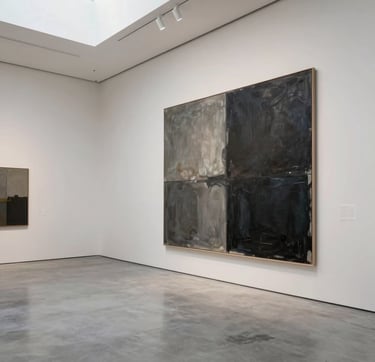 A high-end, full-width architectural photograph of a minimalist contemporary art gallery interior in a Western European city. The space features smooth off-white walls, polished light gray concrete floors, and a single massive abstract canvas with deep charcoal and soft gray textures. Natural, diffused light pours in from a high ceiling, creating a serene, museum-like atmosphere.