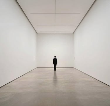 A wide-angle, cinematic photograph of a clean, editorial-style gallery space in North America. The composition emphasizes expansive white space and verticality. In the distance, a solitary figure dressed in sophisticated dark attire stands before a large-scale minimalist sculpture. The lighting is soft and even, highlighting the elegant, quiet gravitas of the museum environment.