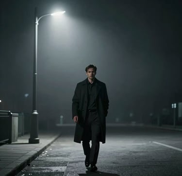 A wide, cinematic film still featuring a brooding actor in a dark overcoat, walking through a misty, minimalist urban environment at night. The lighting is high-contrast, utilizing deep shadows (#0F0F0F) and sharp silver highlights (#A8A8A8) from a single street lamp. The composition is elegant and evokes a high-budget international thriller, with significant negative space for a professional aesthetic.