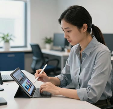 A medium shot of a focused professional in a North American / US corporate office setting, using a stylus on a tablet to review a multimedia learning module. The environment features steel blue furniture and soft white walls, with natural light pouring in from a large window, emphasizing a clean and innovative educational environment.