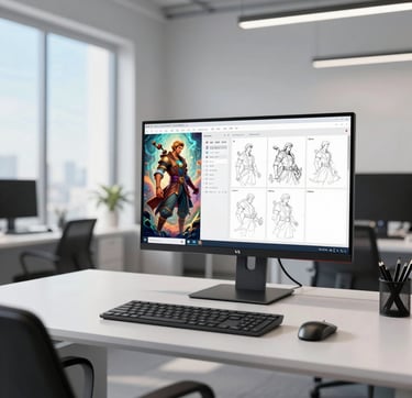 A wide-angle photograph of a sleek, modern North American / US design studio. On a clean desk, a large high-resolution monitor displays a vibrant, detailed character illustration next to an instructional storyboard. The lighting is bright and airy, with soft white and sky blue accents in the surrounding office decor, suggesting a professional creative workspace.