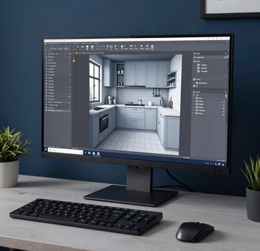 A sophisticated workspace in a Northern European / Baltic home office. A large monitor displays a complex technical 3D drawing of a kitchen interior. The lighting is focused and professional, with a steel blue and dark navy color palette. The setting is clean, orderly, and reflects high technical expertise.