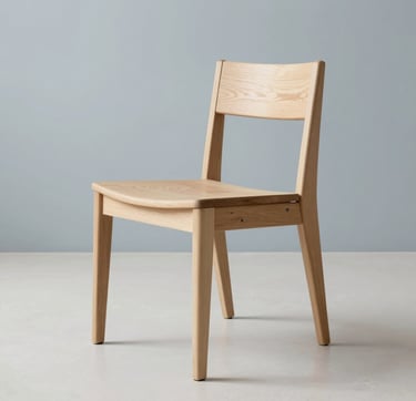 A minimalist, high-end furniture prototype in a bright Northern European / Baltic design studio. Soft natural light illuminates the clean lines of a wooden chair against a backdrop of light blue grey and off-white surfaces. The composition is sharp and architectural, focusing on precise joinery and modern materials.