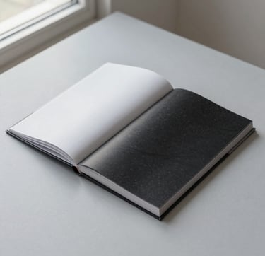 A serene, minimalist photograph of an open art publication lying on a light gray surface in a North American / European studio setting. The layout of the book is structured and clean. The scene is illuminated by soft, natural window light, creating subtle shadows. The palette consists of soft light gray and deep black.