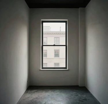 A high-angle architectural photograph of a minimalist studio interior in a North American / European city. The space features off-white walls, a single large window casting soft natural daylight, and sharp, clean lines. The composition is balanced and archival in style, with deep black and medium gray tones.