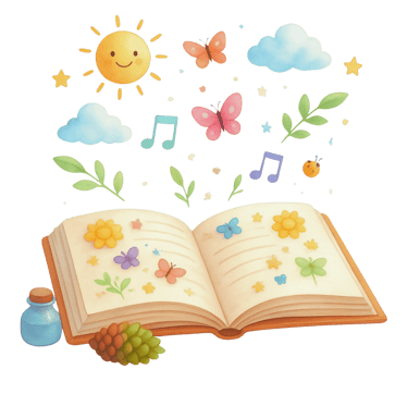 Storybook with cute objects coming out of it.
