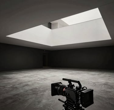 A wide-angle cinematic shot of a professional high-end film production set within a minimalist, modern North American / US architectural space. The lighting is low-key with dramatic soft porcelain white highlights and deep charcoal black shadows. A sleek carbon-fiber camera rig is subtly visible in the foreground. The mood is high-end, sophisticated, and artistic.