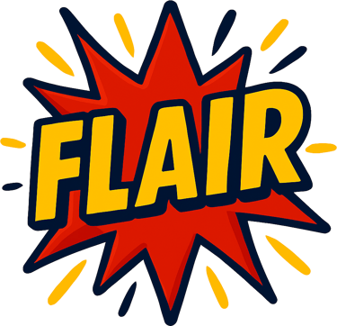 Comic book style graphic with the word Flair in yellow text over a red explosion burst.