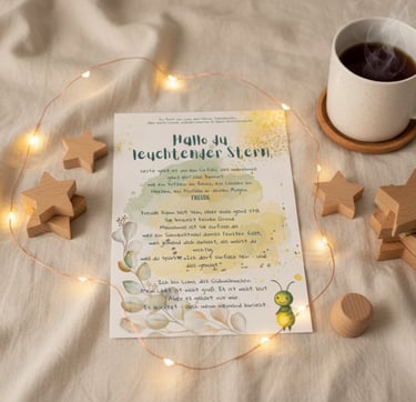 Cozy flat lay with affirmation card, wooden stars, warm fairy lights, and a steaming cup of coffee.