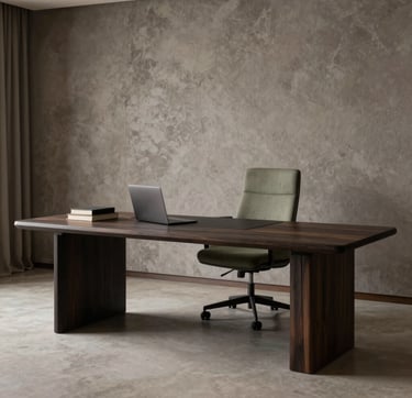 Foto de detalhe de design de interiores de um espaço de escritório de luxo no Brasil. Mesa minimalista feita de madeira escura carvão, uma cadeira de design em tecido verde suave e uma parede com texturas cinza quente. Iluminação de estúdio profissional, atmosfera elegante e convidativa. Contexto sul-americano / brasileiro.