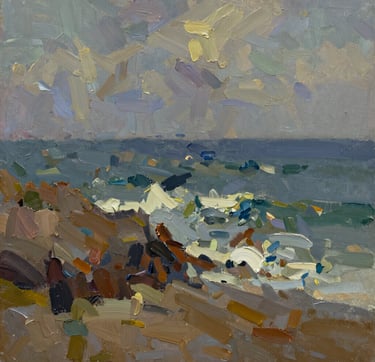 A close-up photograph of an oil painting on canvas. The brushstrokes are thick and expressive, showing a landscape where the sea meets the sky. The palette uses vibrant colors balanced with muted brown and dark slate grey accents. The lighting catches the physical texture of the paint, creating a powerful and organic feel.